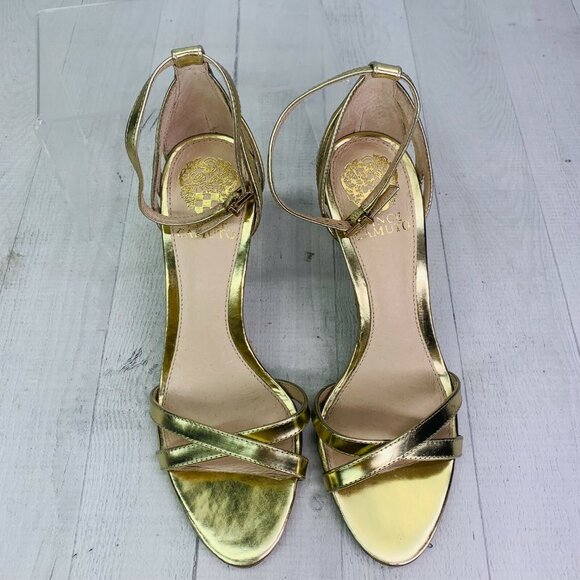 Vince Camuto CAMRON Ankle Strap Gold Leather Metallic High Heel Sandals Size 8 M - Picture 3 of 11